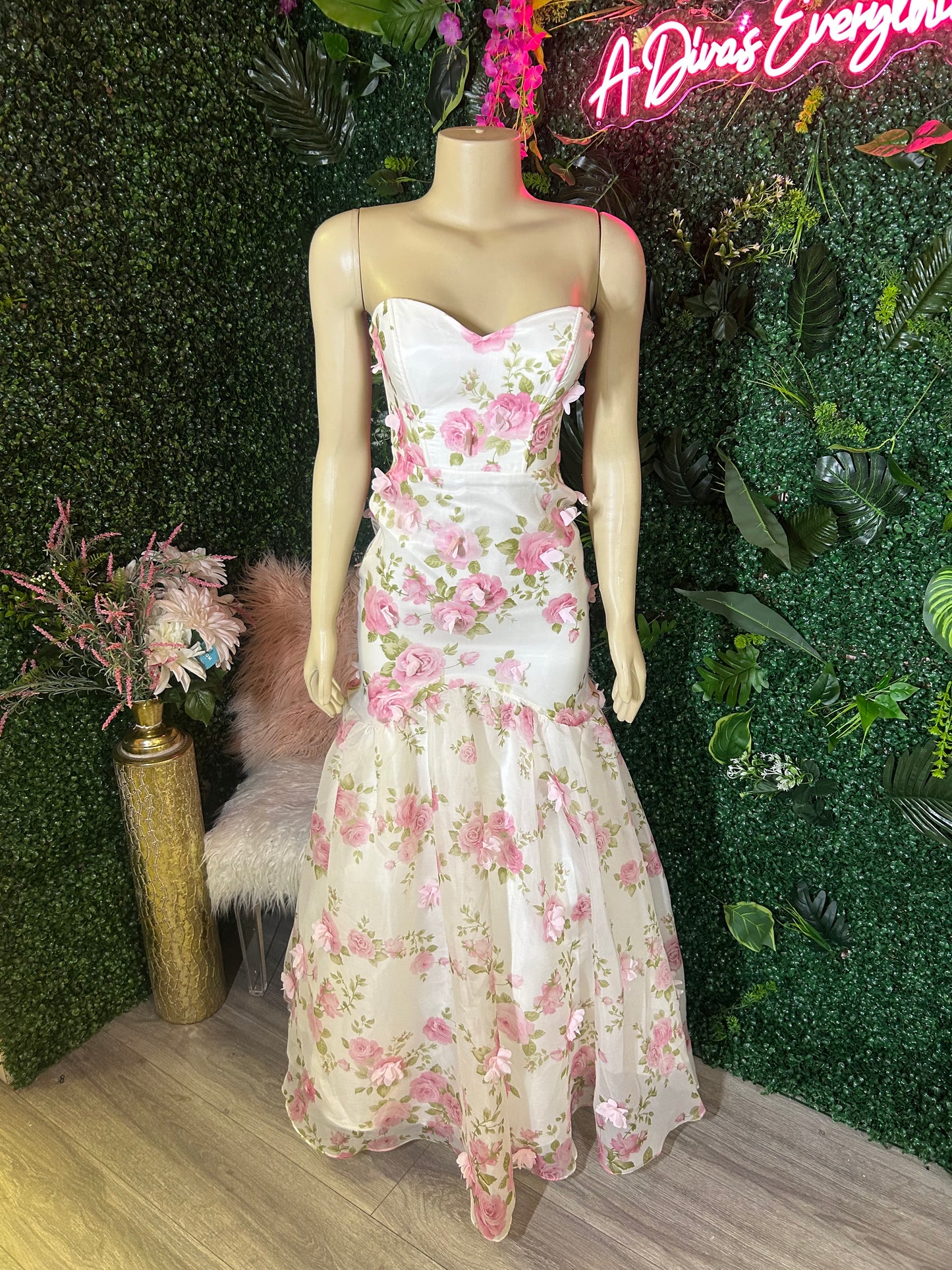 Pretty In Pink Floral Strapless Gown