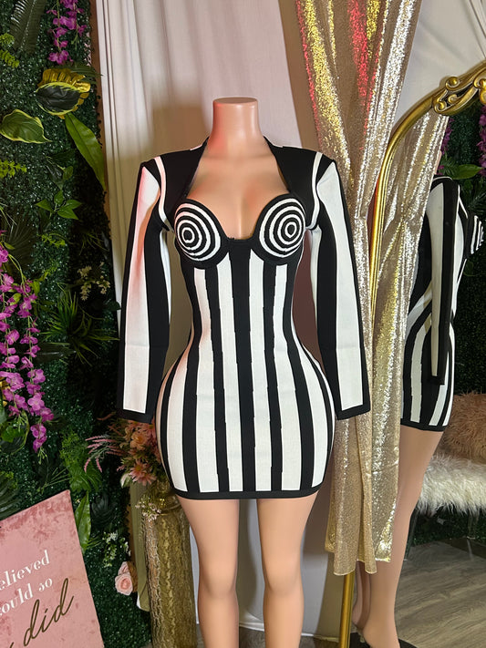 Tarea Striped Long Sleeve Bandage Dress