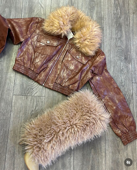 Miss Ma’am Leatherette Fur Crop Jacket