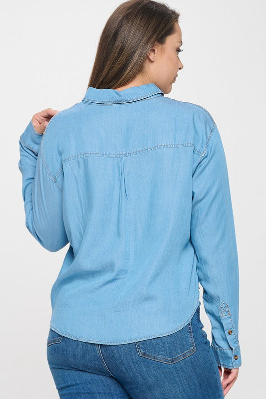 Denim On Me Long Sleeve Top (PLUS)