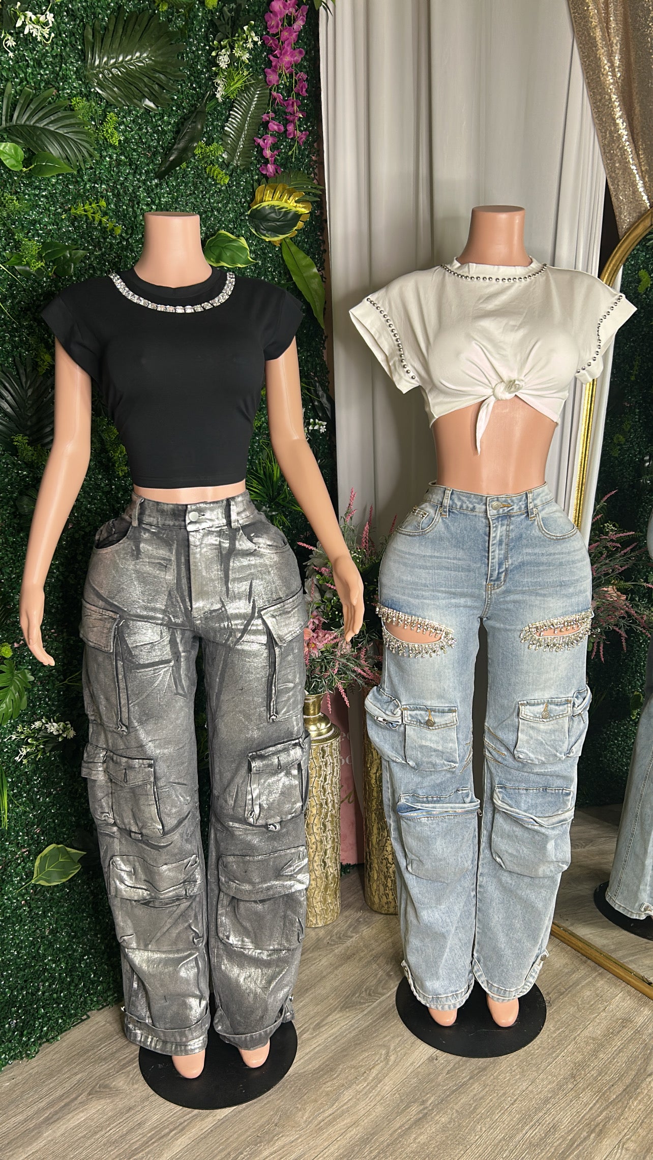 Metallic black cargo pants